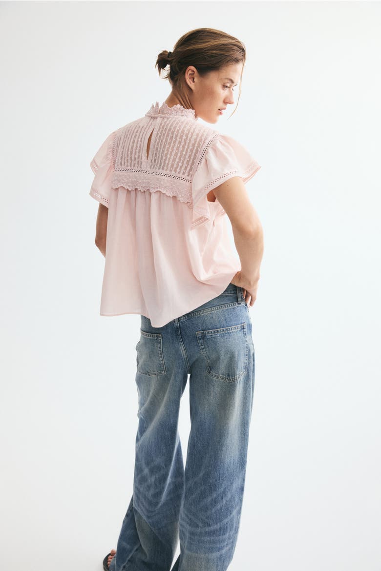 Lace-trimmed Flutter-sleeved Blouse, Alternate, color, Light pink