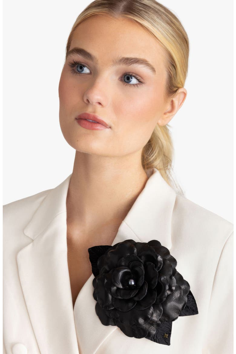 The Large Black Gardenia Floral Brooch, Alternate, color, Black