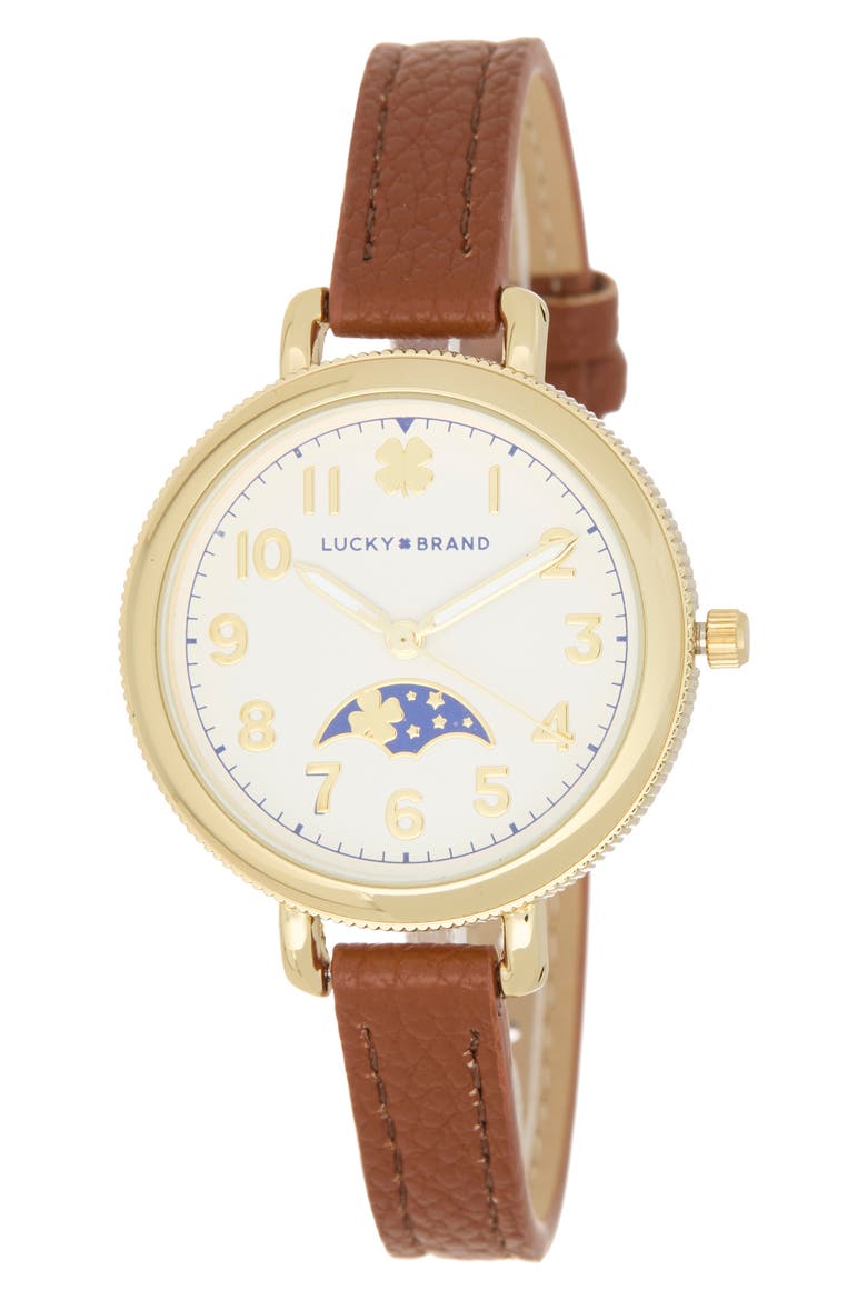 Round Analog Leather Strap Watch, 34mm, Main, color, BROWN