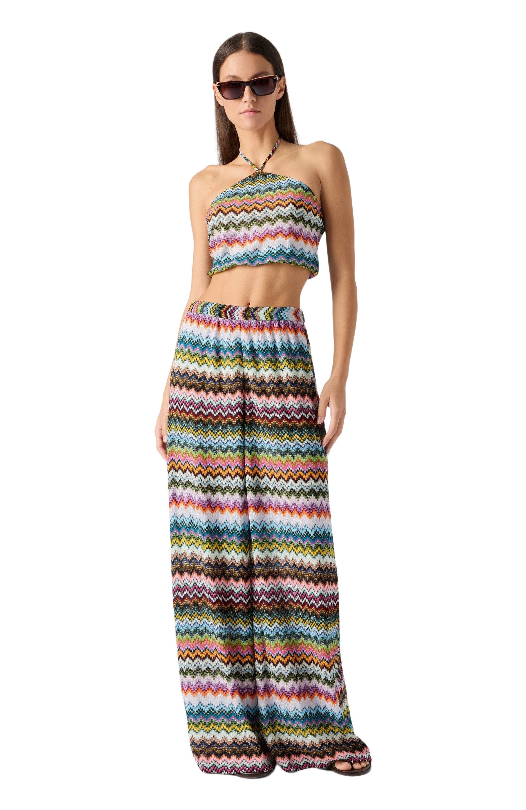 Top In Lame Viscose With Pixel-effect Zigzag Pattern And Halter Neckline