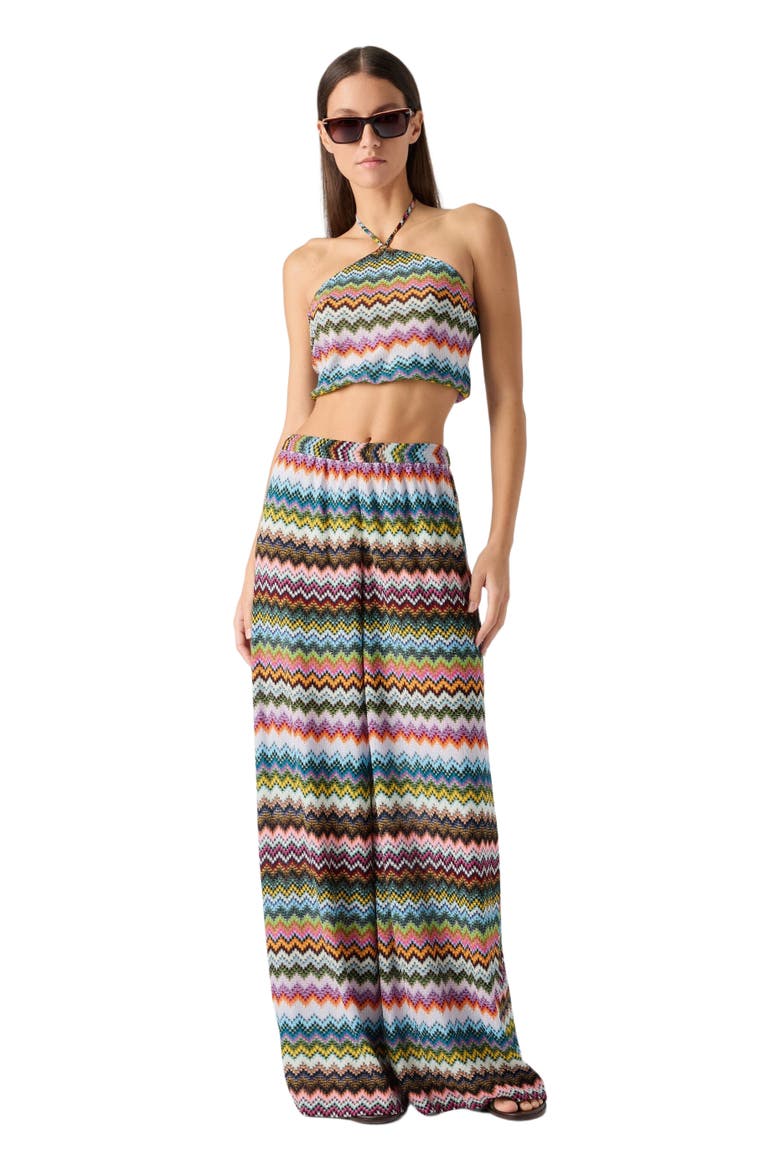 Top In Lamé Viscose With Pixel-effect Zigzag Pattern And Halter Neckline, Main, color, Black & Multicoloured