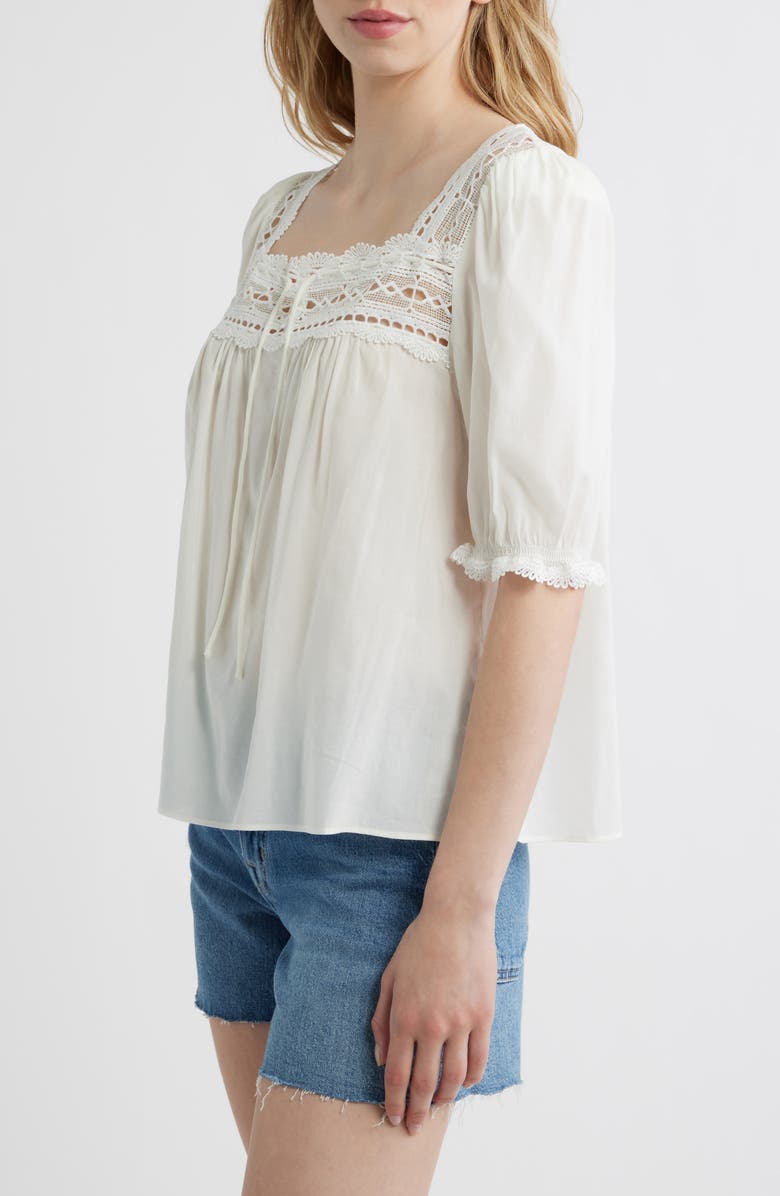 Reformation Wildflower Lace Trim Puff Sleeve Organic Cotton Blend Top, Alternate, color, White