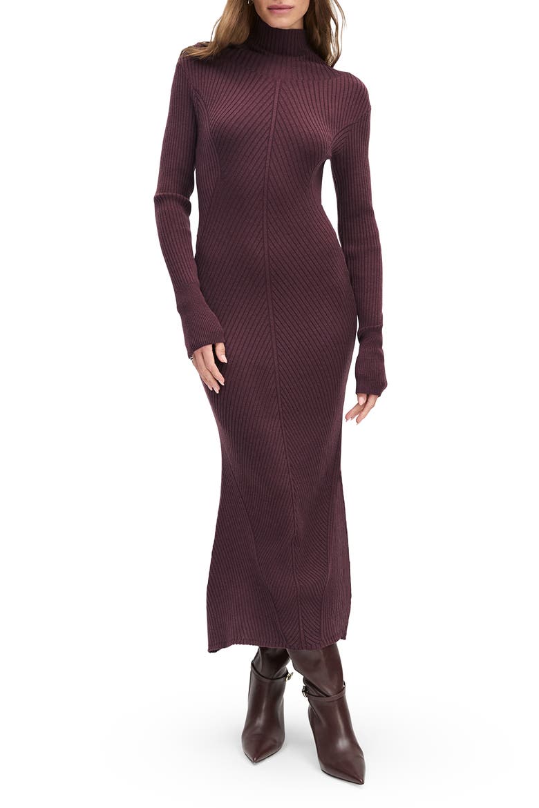 Be Your Girl Long Sleeve Merino Wool Blend Rib Sweater Dress, Main, color, BURGUNDY DAHLIA
