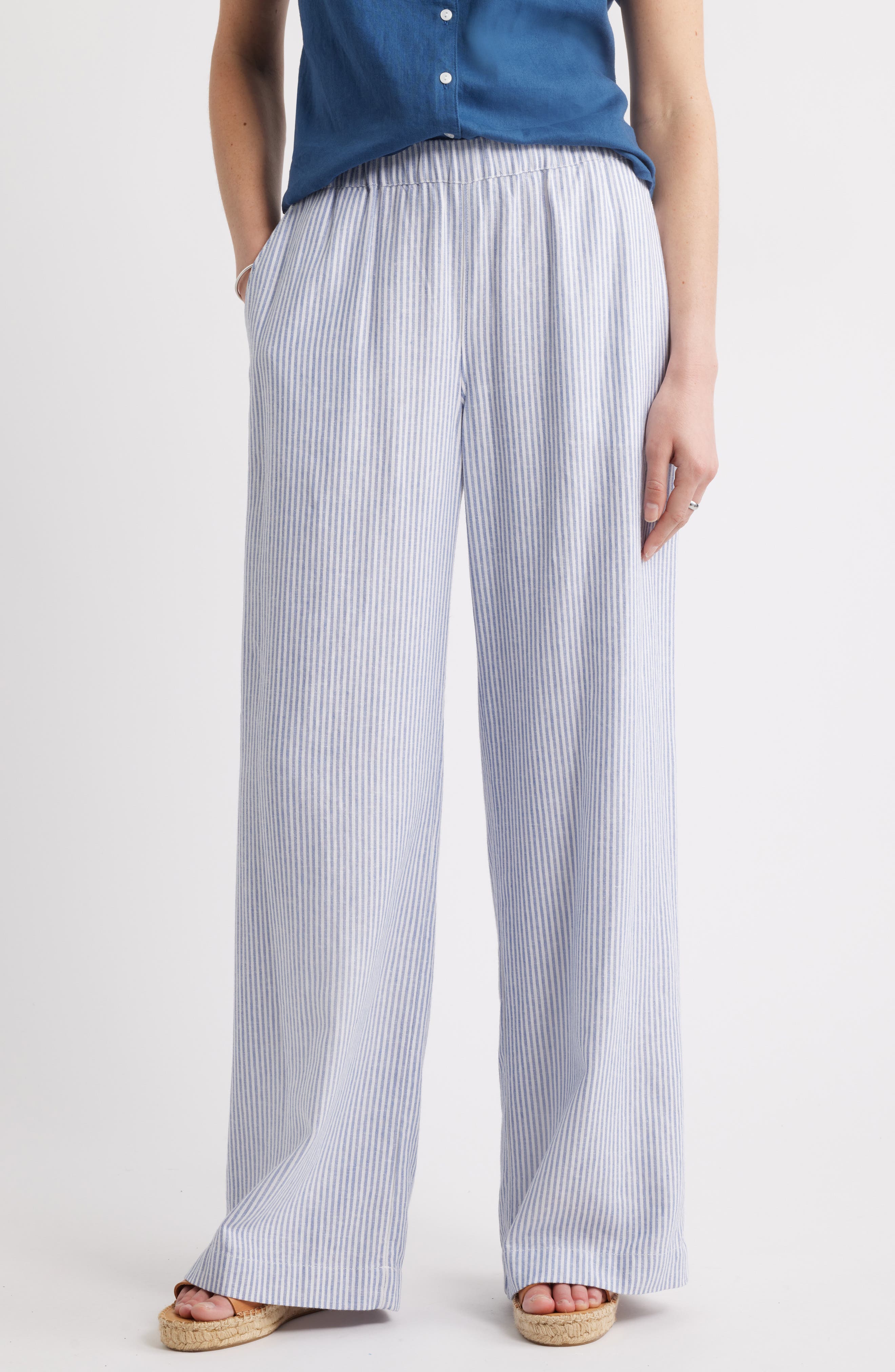 Caslon® Stripe Wide Leg Linen Blend Pants