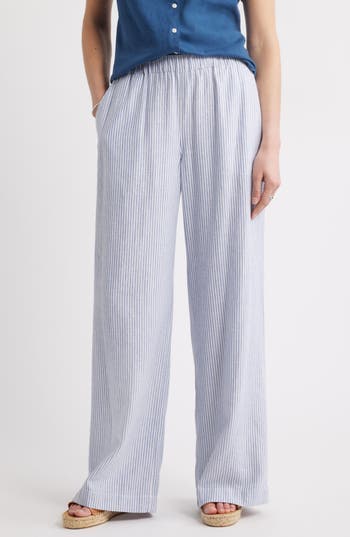 Caslon ® Stripe Wide Leg Linen Blend Pants In White