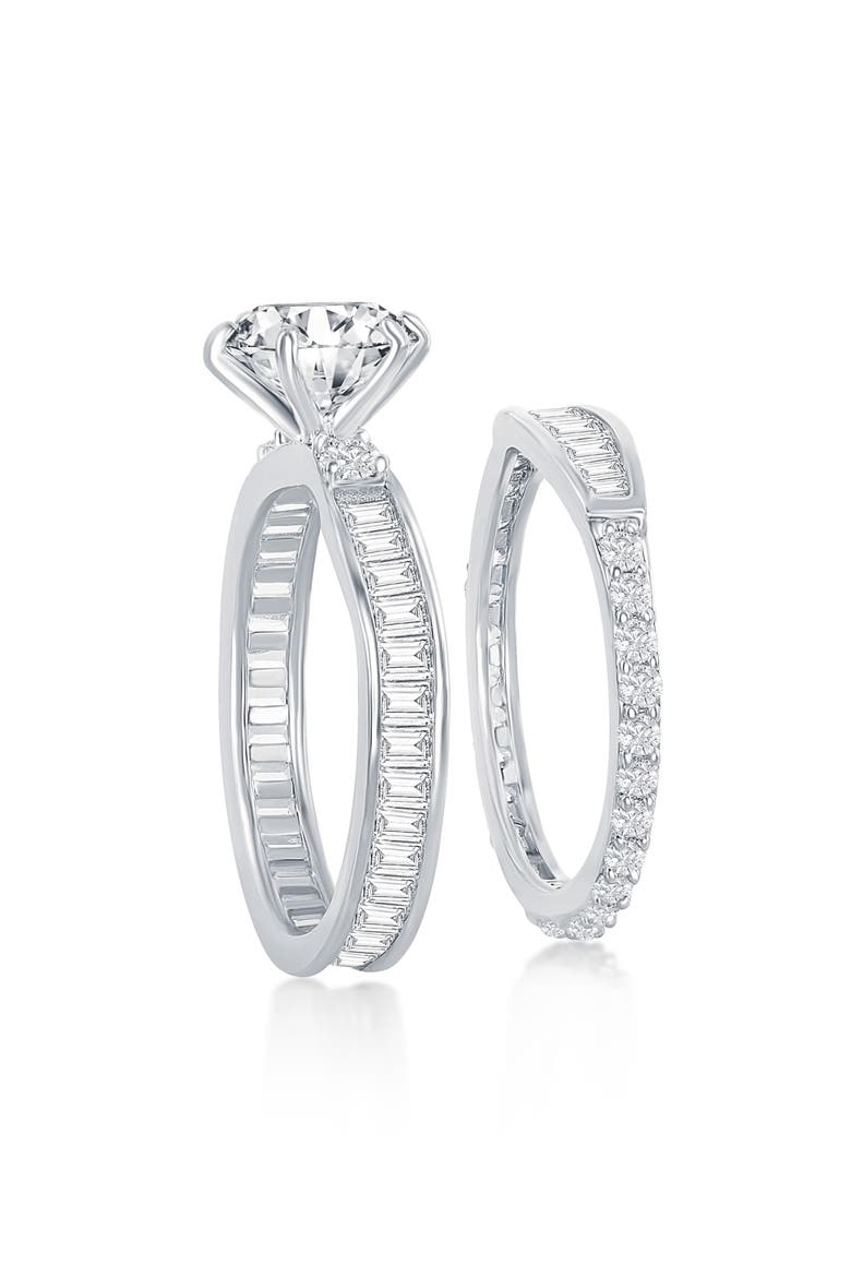 Sterling Silver Baguette & Round Cubic Zirconia Engagement Ring Set, Alternate, color, SILVER