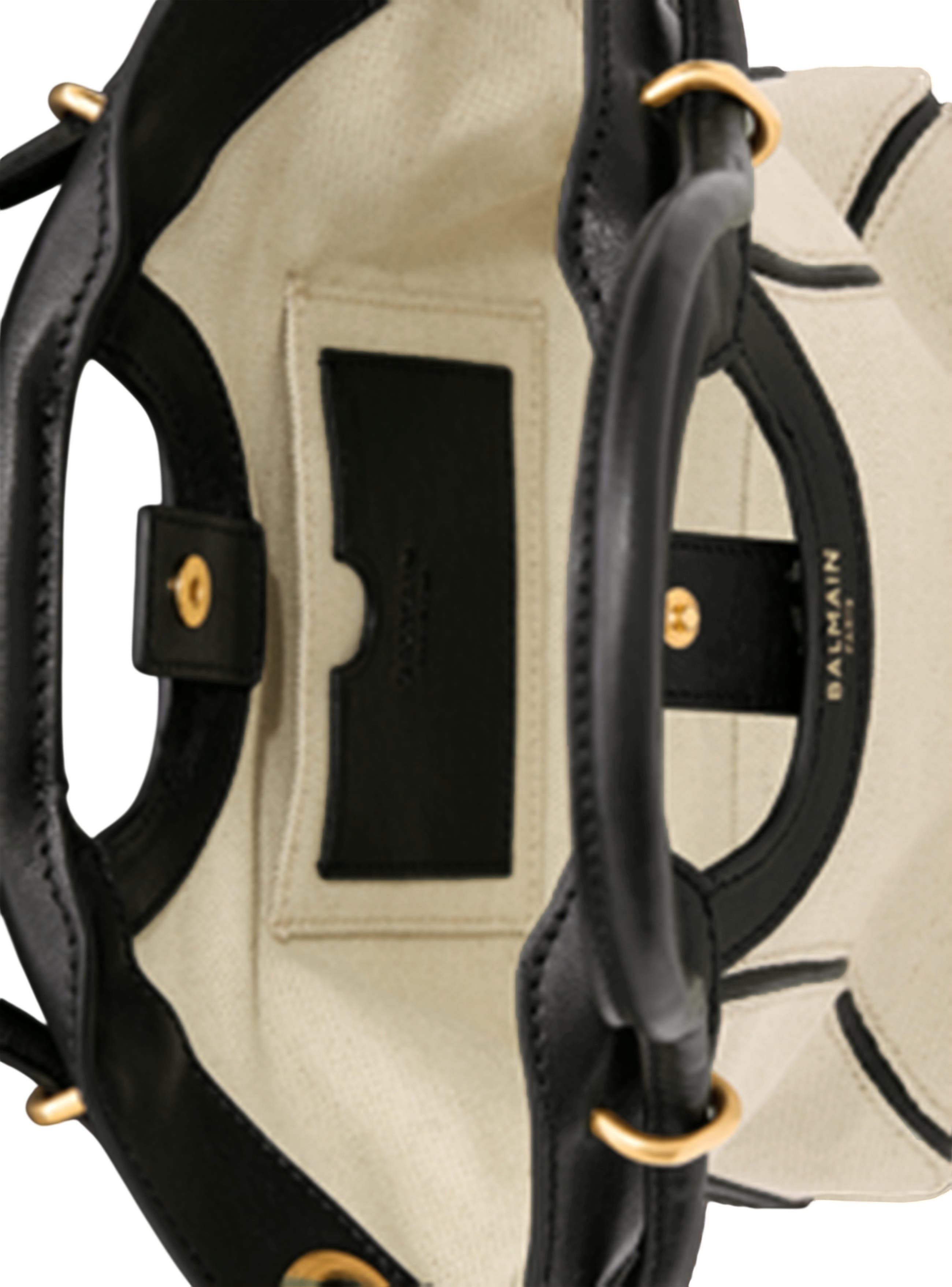 Balmain Small Tote in smooth leather and canvas, Alternate, color, Beige