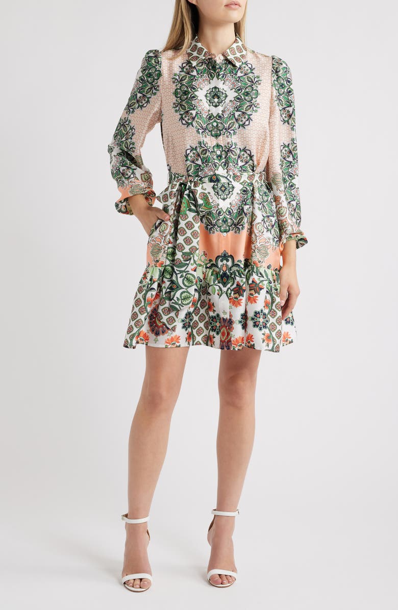 Anne Klein Floral Long Sleeve Tiered Shirtdress, Main, color, 