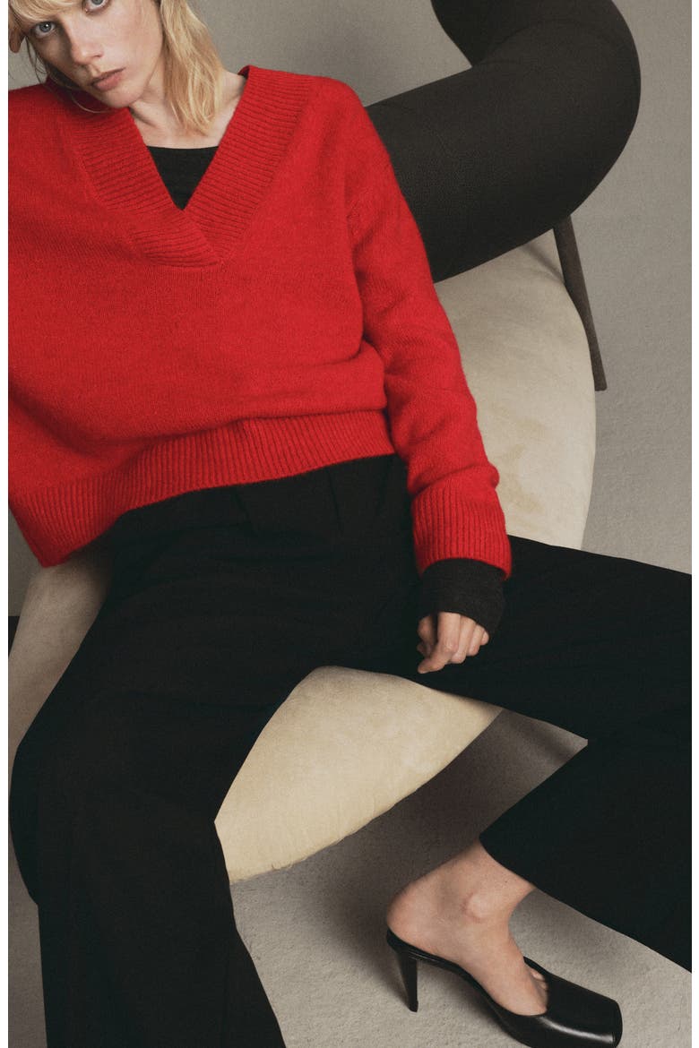 Rib Trim V-Neck Sweater, Alternate, color, RED