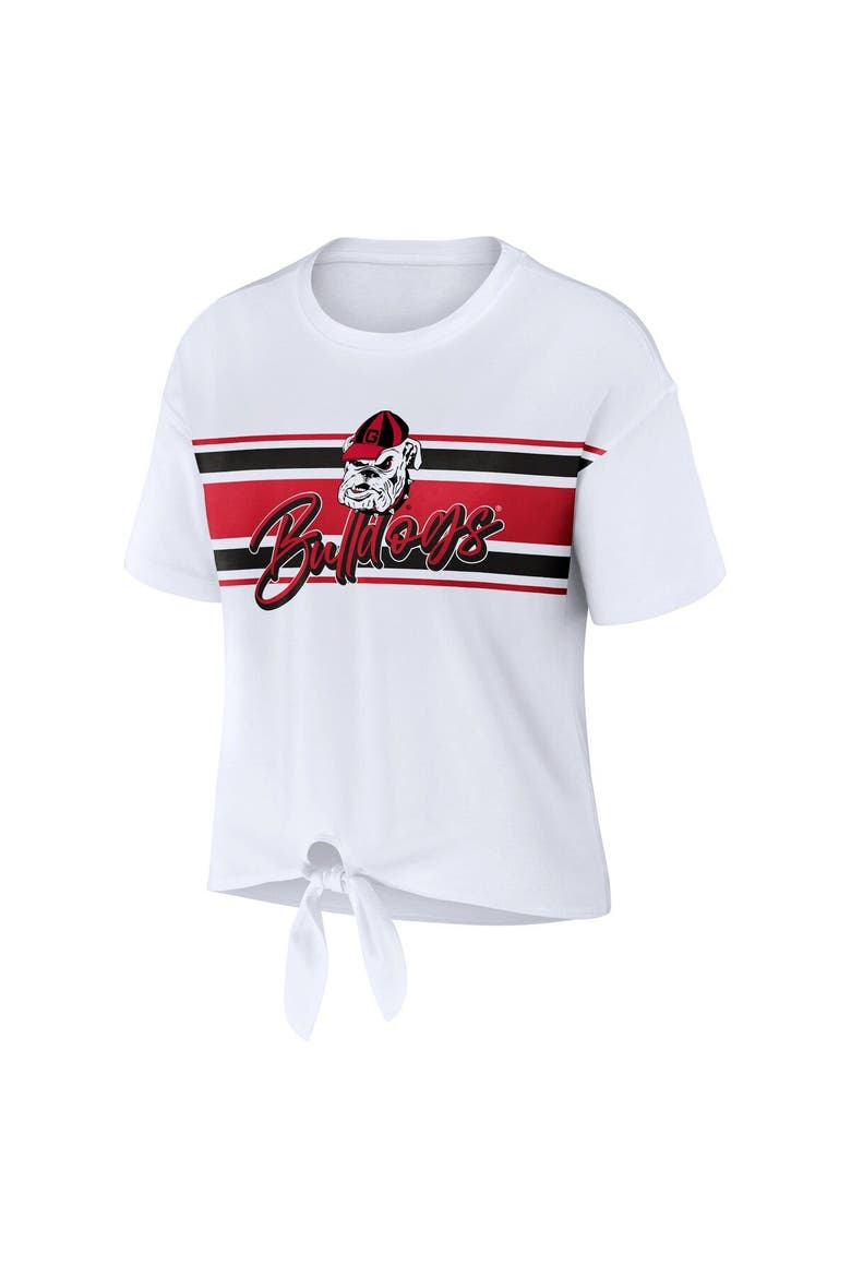 Women's WEAR by Erin Andrews White Georgia Bulldogs Striped Front Knot Cropped T-Shirt, Alternate, color, White