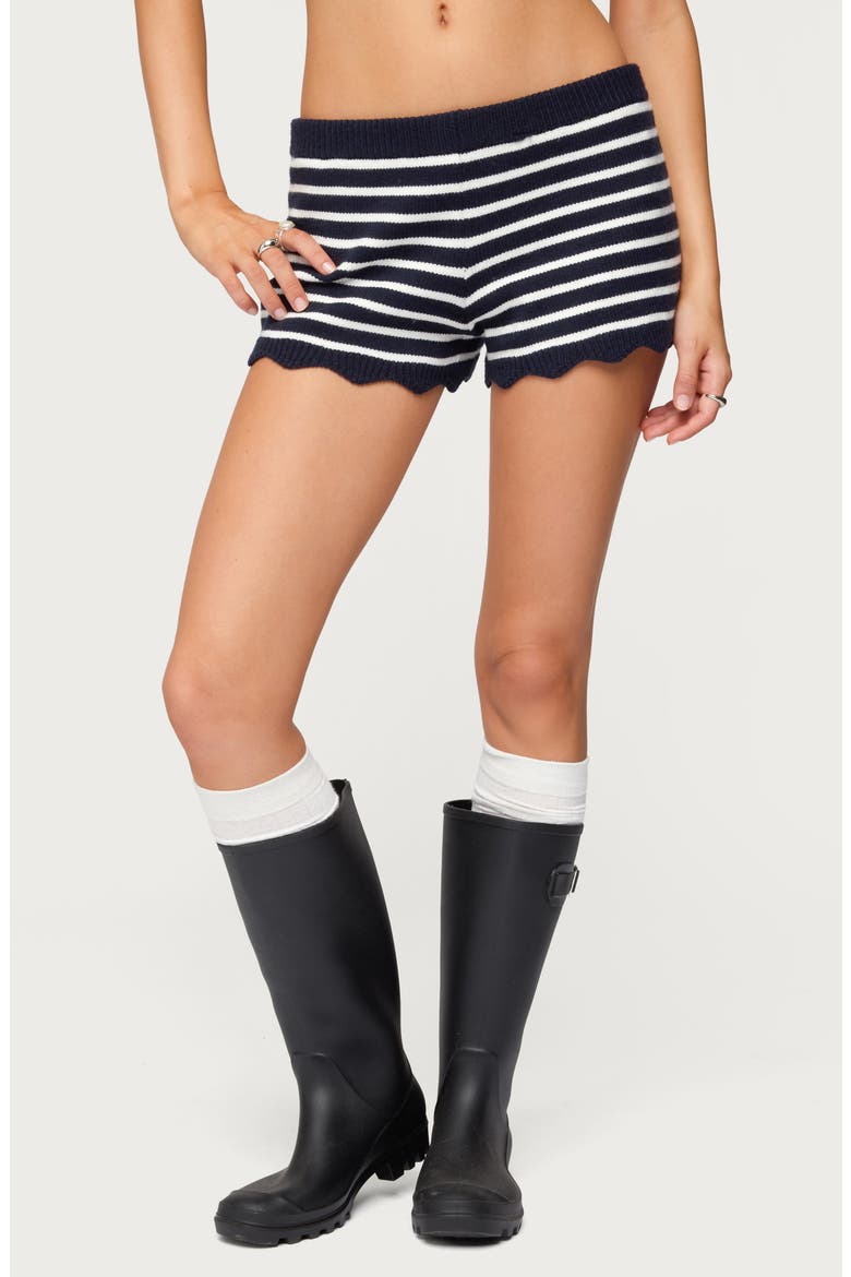 Soren Stripe Scalloped Hem Knit Shorts, Main, color, NAVY AND WHITE