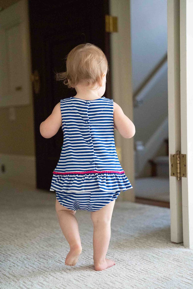Stripe Knit Romper With Pom Poms & Flowers, Alternate, color, Royal/White