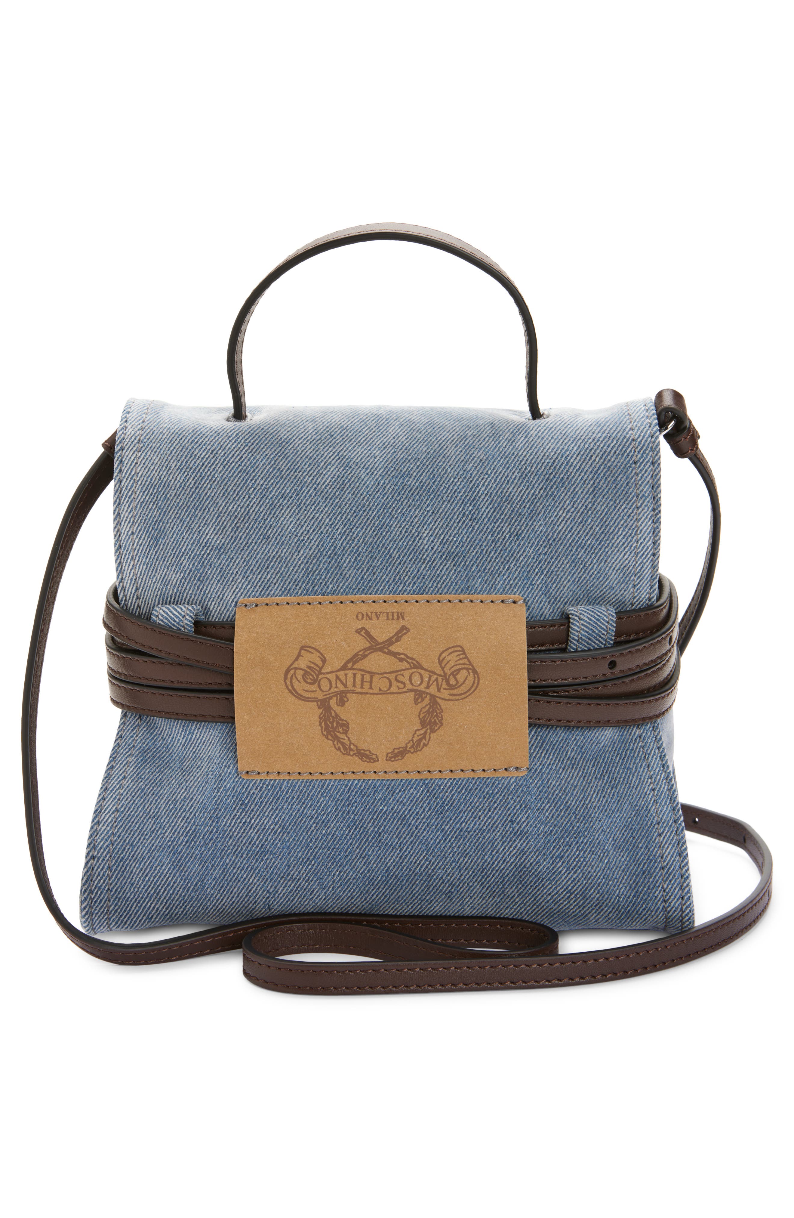 Moschino Tie Me Denim Handheld Bag, Alternate, color, Sky Blue/ Dark Brown