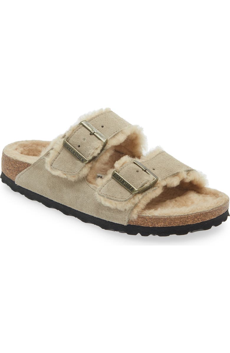 Birkenstock Arizona Genuine Shearling Slide Sandal, Main, color, Taupe