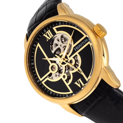 Heritor Automatic Sanford Semi-skeleton Leather-band Watch In Black