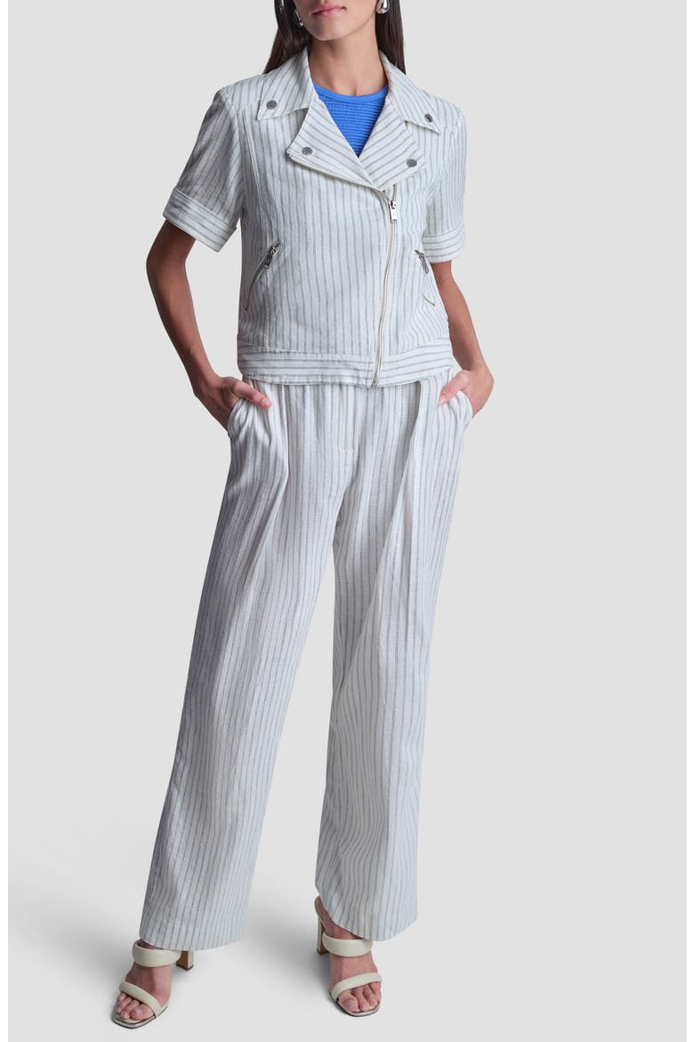 Ticking Stripe Short Sleeve Linen Blend Moto Jacket, Alternate, color, IVORY/ADMIRAL