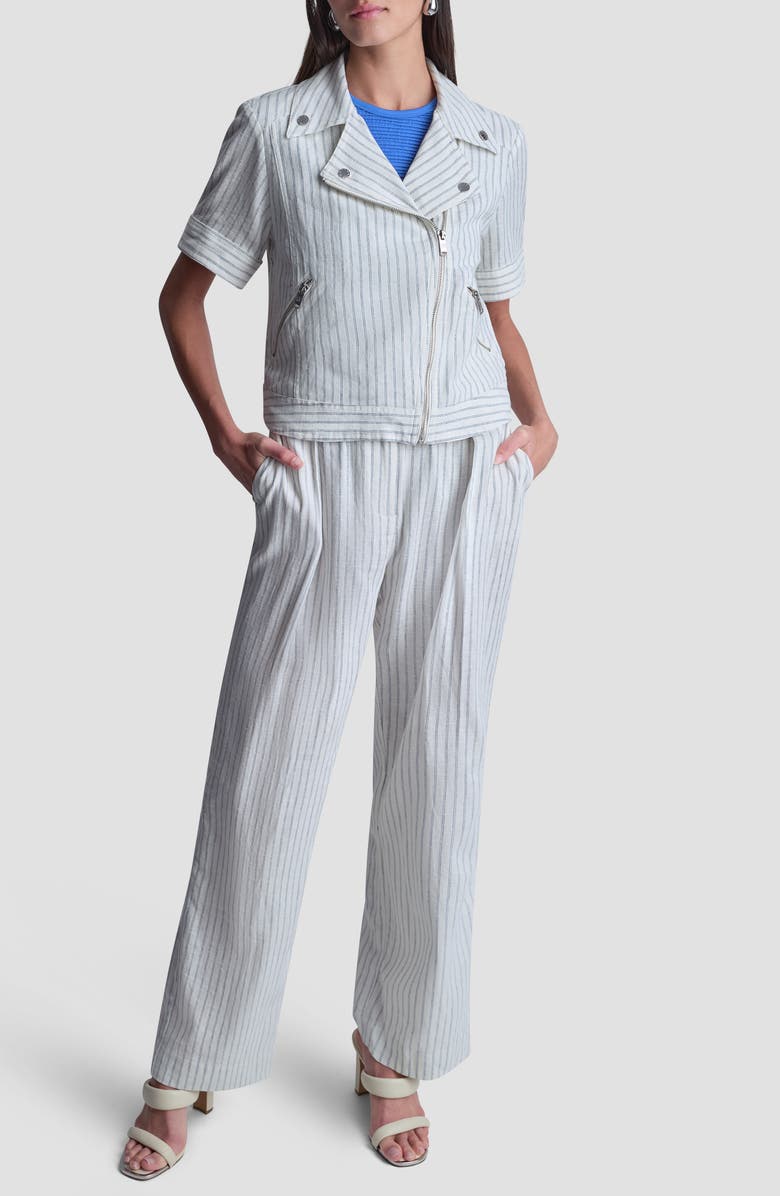 DKNY Ticking Stripe Short Sleeve Linen Blend Moto Jacket, Alternate, color, Ivory/Admiral