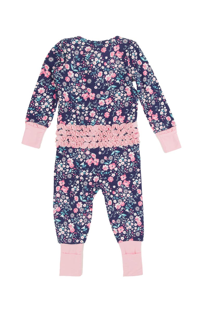 RuffleButts SoftSnooze Baby Girls Ruffle One Piece Convertible Pajamas, Alternate, color, Moonlit Meadow