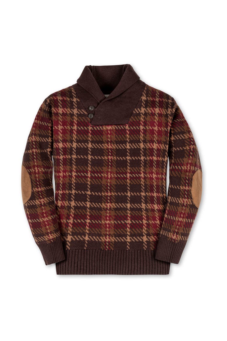 Kids' Organic Long Sleeve Intarsia Shawl Collar Sweater with Elbow Patches, Main, color, Fireside Plaid Intarsia
