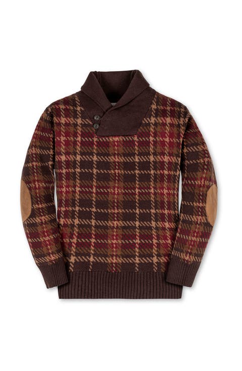 Kids' Organic Long Sleeve Intarsia Shawl Collar Sweater with Elbow Patches