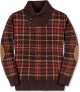 Hope & Henry Kids' Organic Long Sleeve Intarsia Shawl Collar Sweater with Elbow Patches