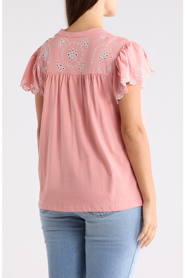 Eyelet Embroidery Flutter Sleeve Top, Alternate, color, ROSETTE/ WHITE