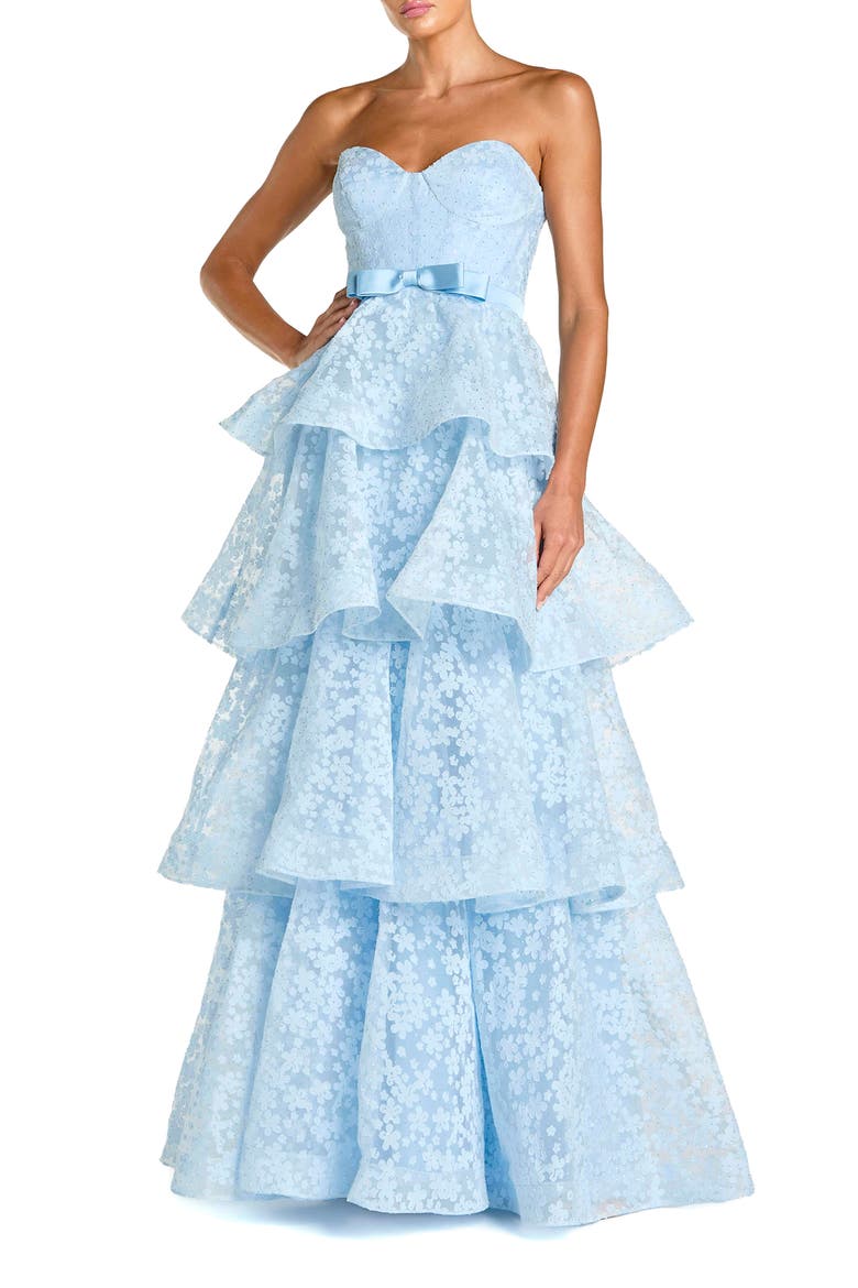 Strapless Floral Organza Tiered Gown with Bow, Main, color, Powder Blue