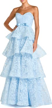 Mac Duggal Strapless Floral Organza Tiered Gown with Bow