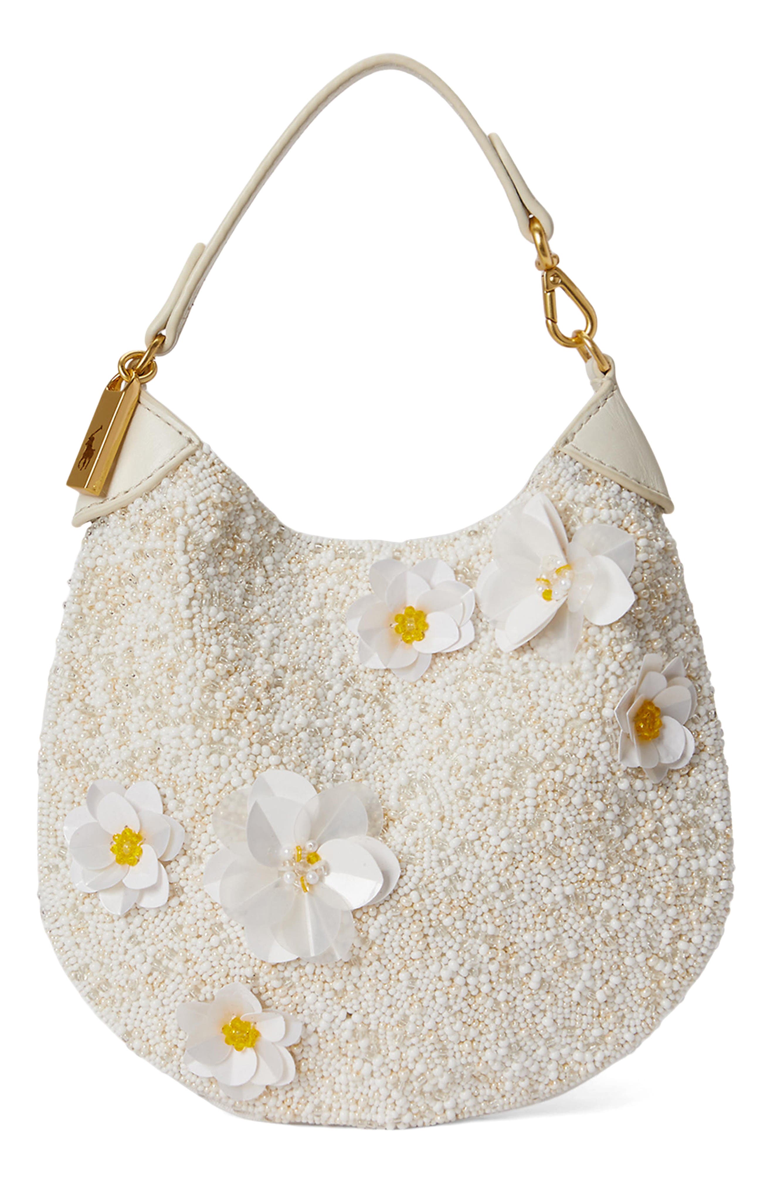 Polo Ralph Lauren Polo ID Floral Beaded Shoulder Bag, Main, color, Frosting