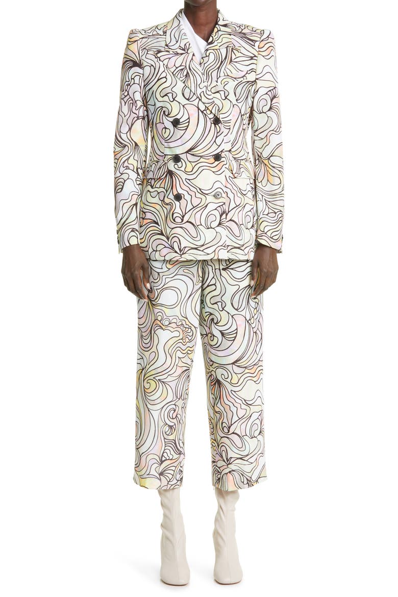 Stained Glass Print Cotton & Silk Double Breasted Blazer, Alternate, color, PEARL 12