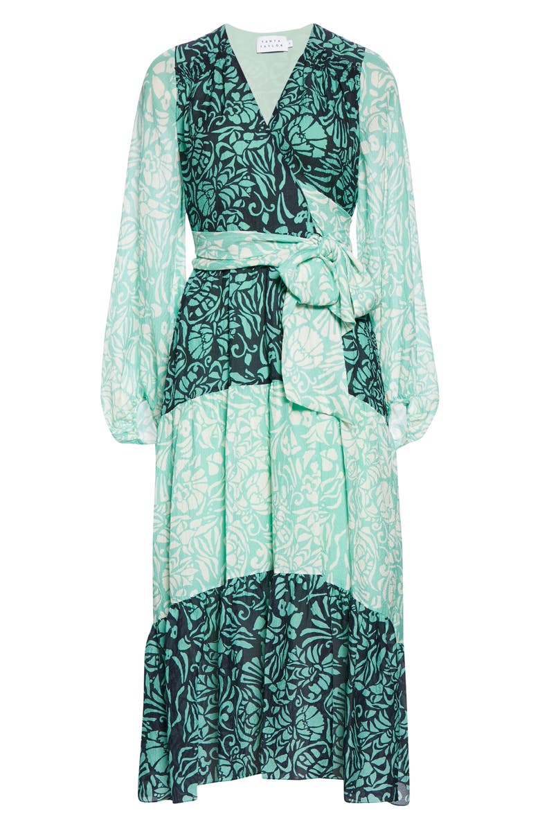 Tanya Taylor Liza Long Sleeve Tie Waist Silk Midi Dress, Alternate, color, 