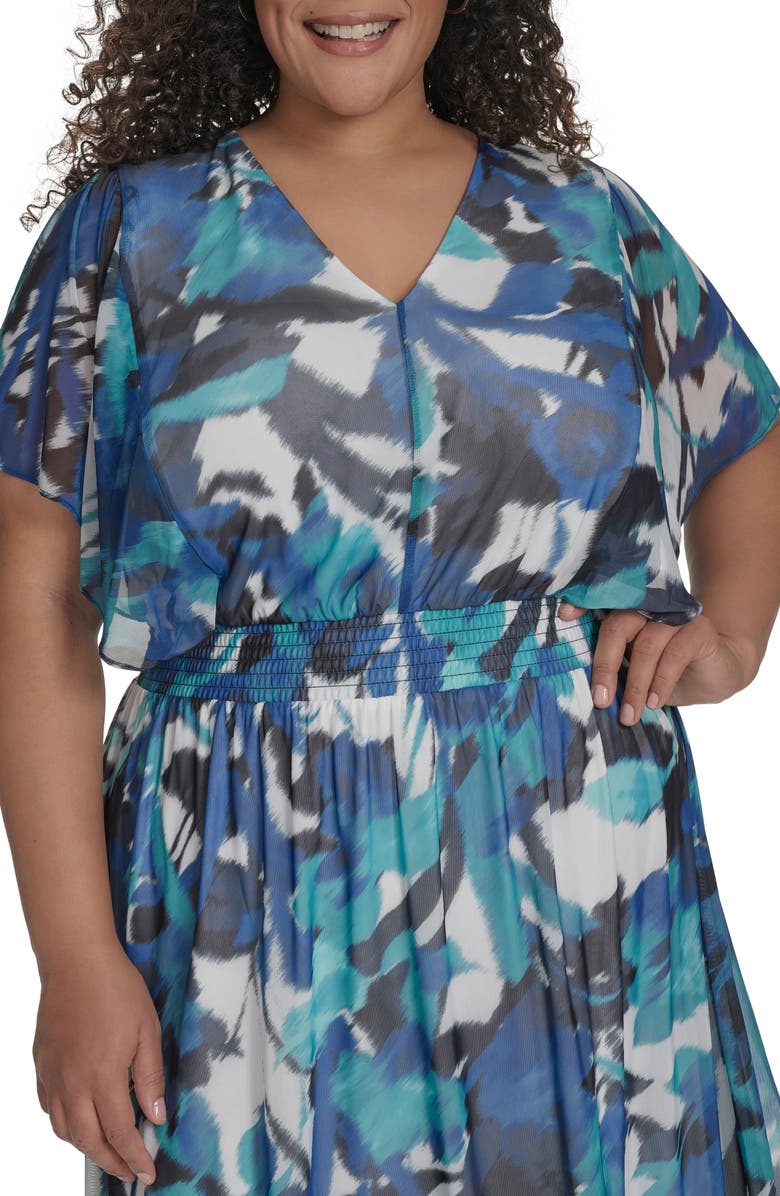 DKNY Flutter Sleeve Fit & Flare Midi Dress, Alternate, color, Ivory Mult