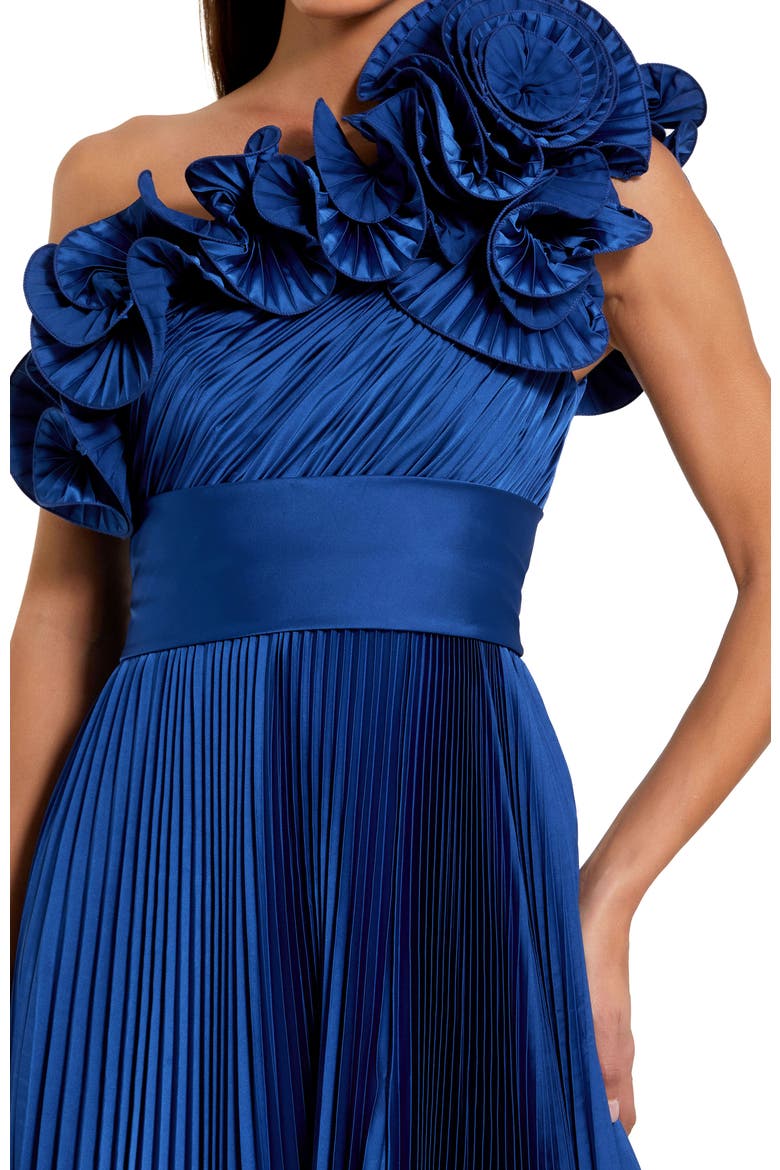 Pleated Charmeuse One Shoulder Ruffle Gown, Alternate, color, Cobalt