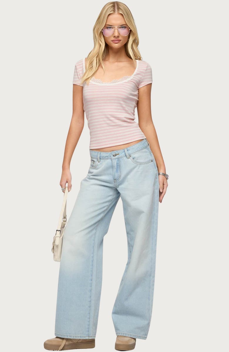 EDIKTED Layered Lacey Stripe T-Shirt, Alternate, color, Light-Pink