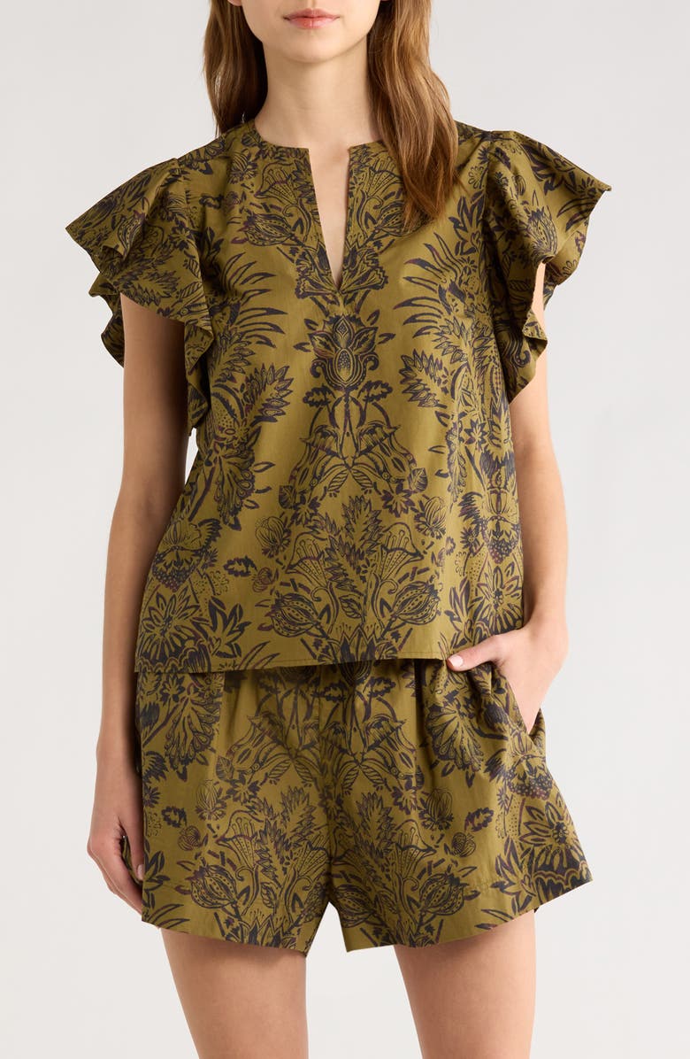 Ulla Johnson Severine Floral Cotton Flutter Sleeve Top, Main, color, Olive Flora