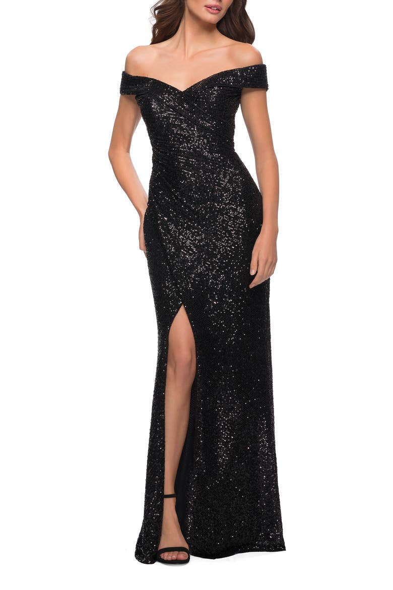 Off the Shoulder Ruched Sequin Dress with Slit, Main, color, Black