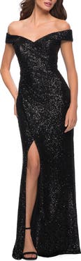 La Femme Off the Shoulder Ruched Sequin Dress with Slit