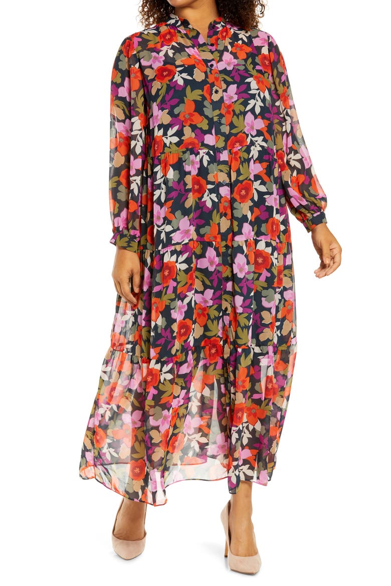Bold Floral Long Sleeve Shirtdress, Main, color, DEEP NAVY/ FLAME