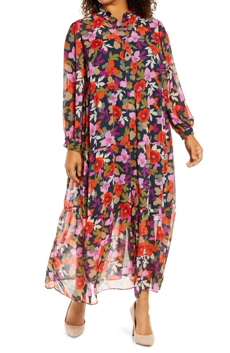 Maggy London Bold Floral Long Sleeve Shirtdress, Main, color, 