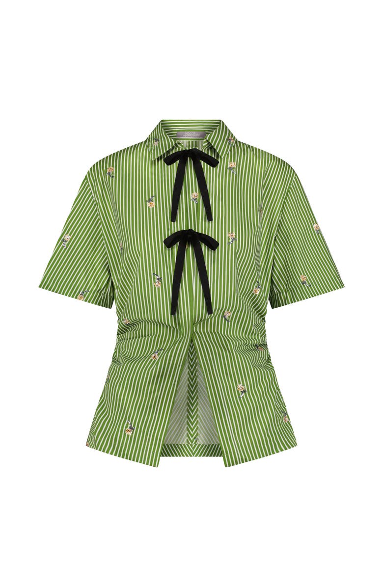 Lela Rose Embroidered Striped Cotton Bow Front Shirt, Main, color, Cactus