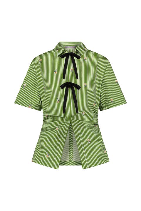 Embroidered Striped Cotton Bow Front Shirt