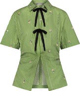 Lela Rose Embroidered Striped Cotton Bow Front Shirt