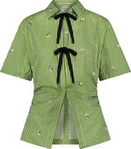 Lela Rose Embroidered Striped Cotton Bow Front Shirt