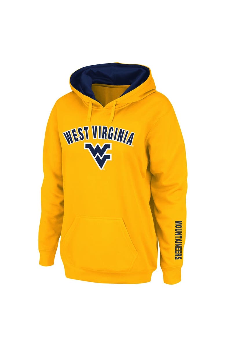 COLOSSEUM Women's Gold West Virginia Mountaineers Arch & Logo 1 Pullover Hoodie, Alternate, color,