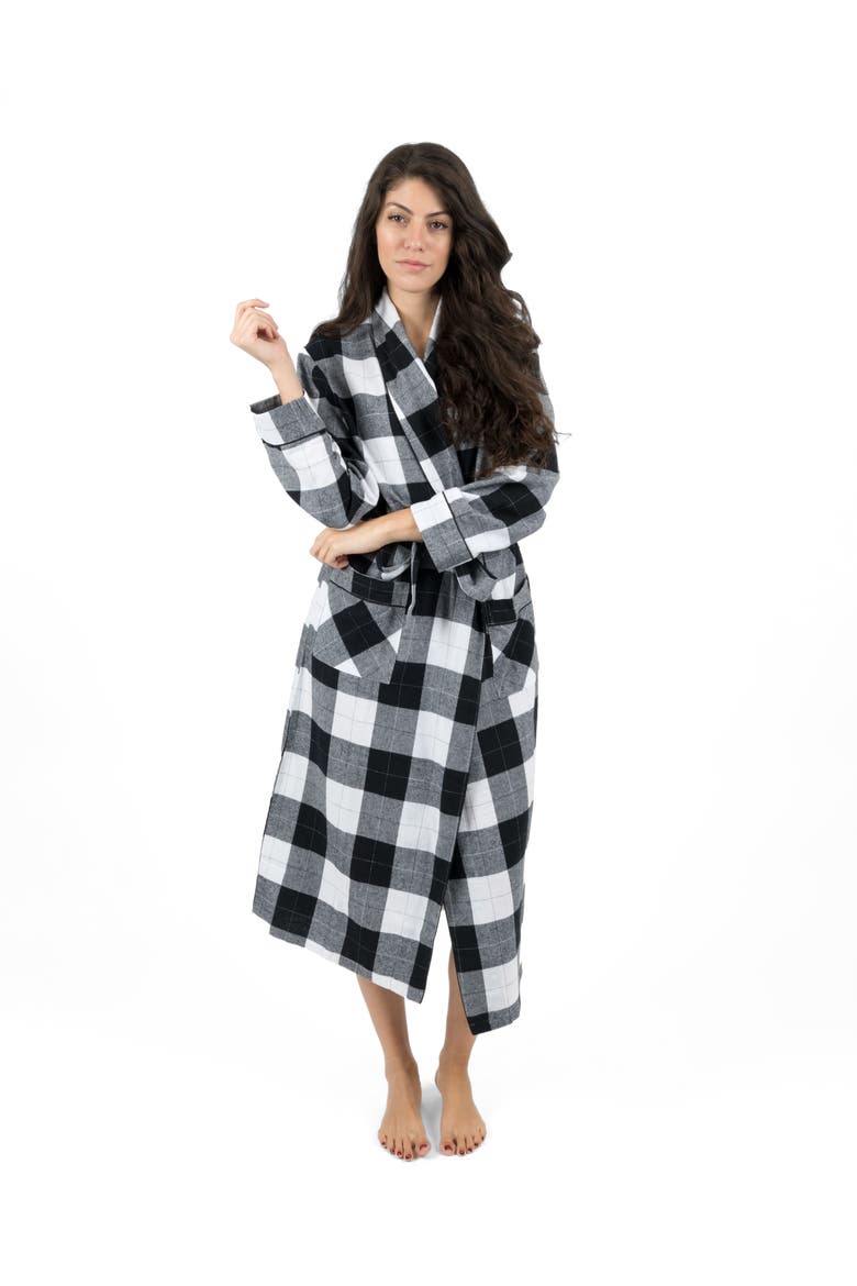 Women's Flannel Robe, 100% Cotton, Main, color, Plaid Black & White