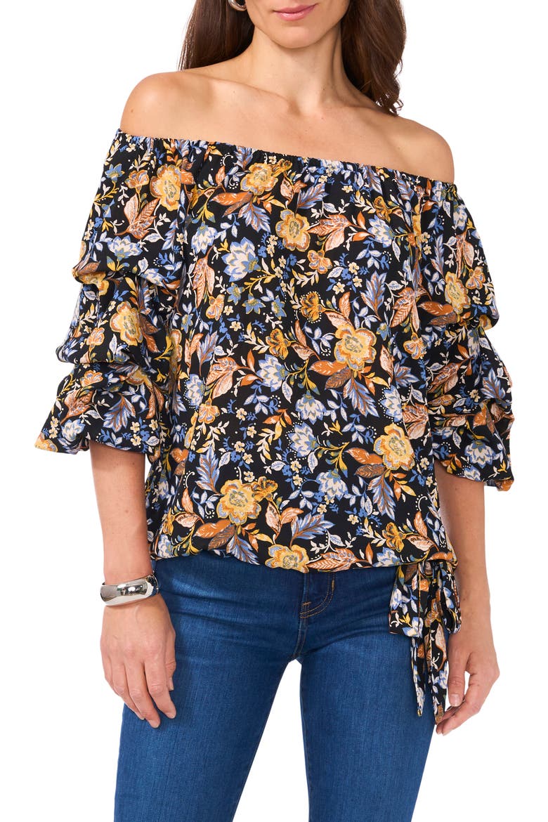 Floral Off the Shoulder Bubble Sleeve Top, Main, color, RICH BLACK