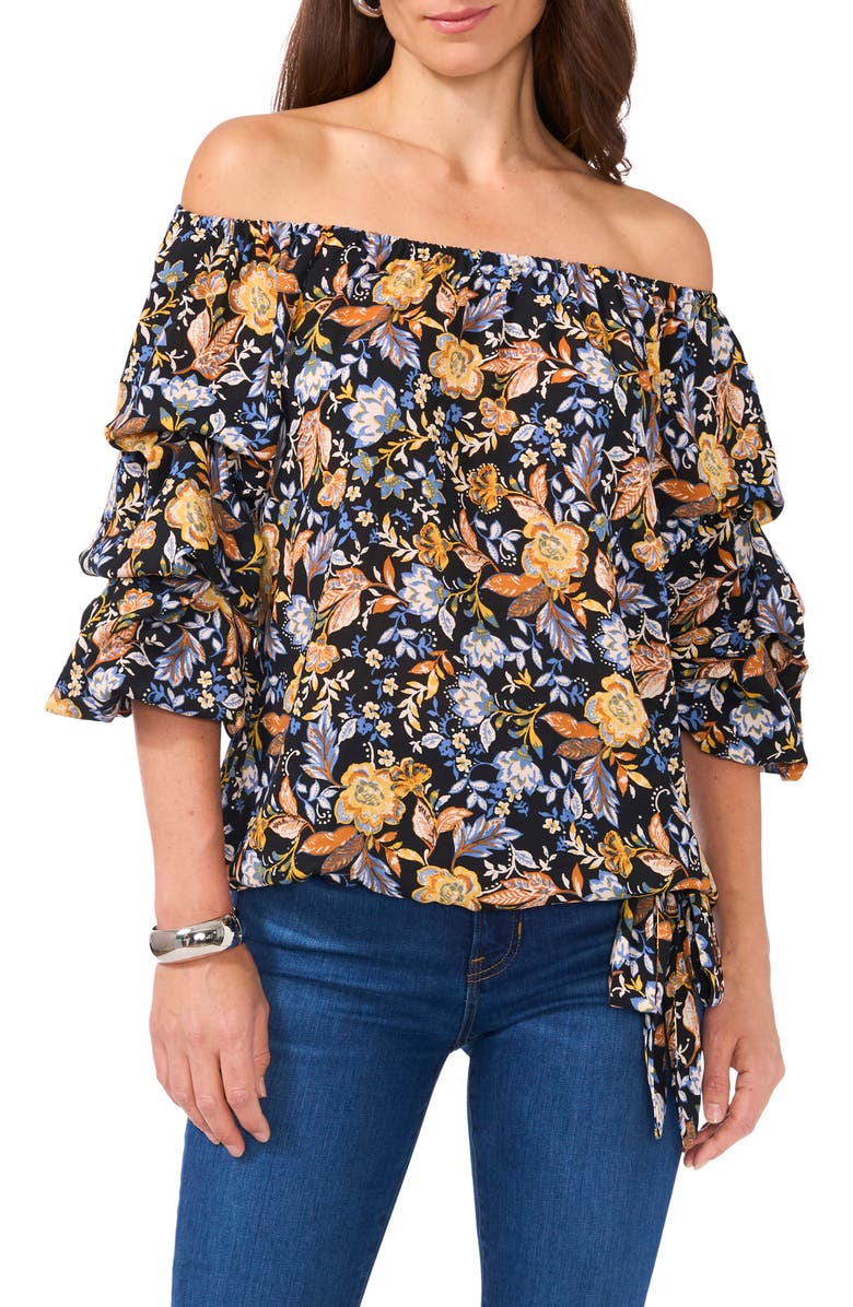 Vince Camuto Floral Off the Shoulder Bubble Sleeve Top, Main, color, Rich Black