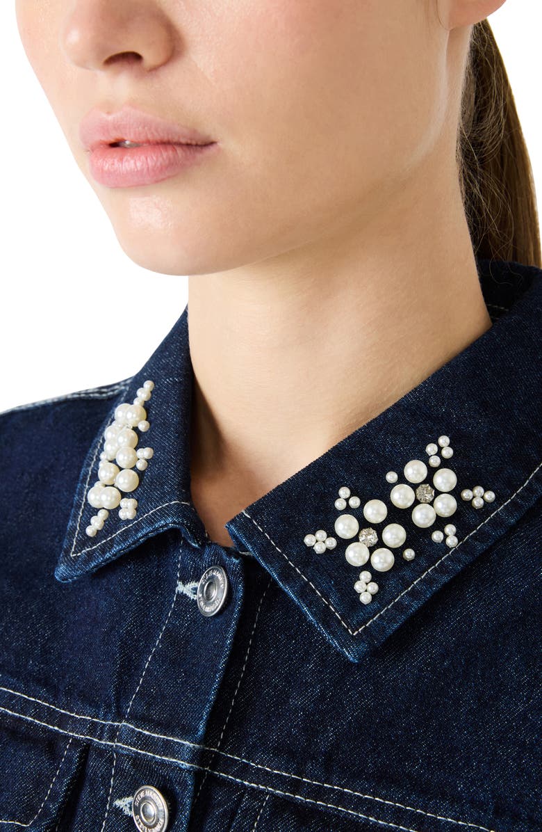 Steve Madden Carmelia Faux Pearl & Rhinestone Detail Denim Minidress, Alternate, color, Bijou Blue