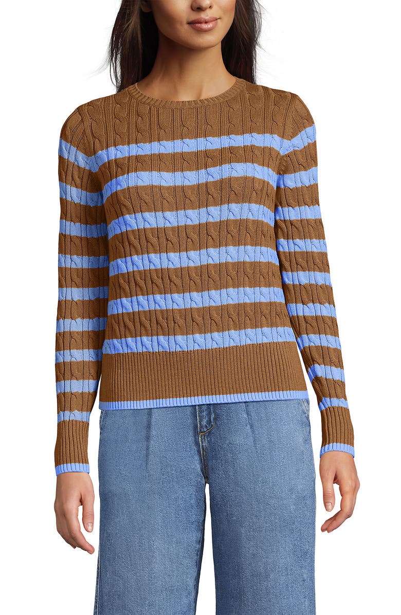 Lands' End Drifter Modern Cable Crew Sweater, Main, color, Canyon Camel/Blue Stripe