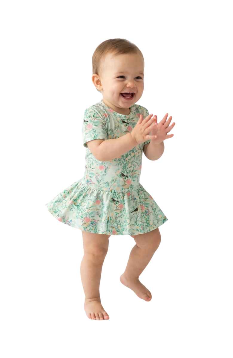 Motette Sage Blossom Twirl Dress with Bodysuit, Main, color, Green Vines With Pink Blossoms